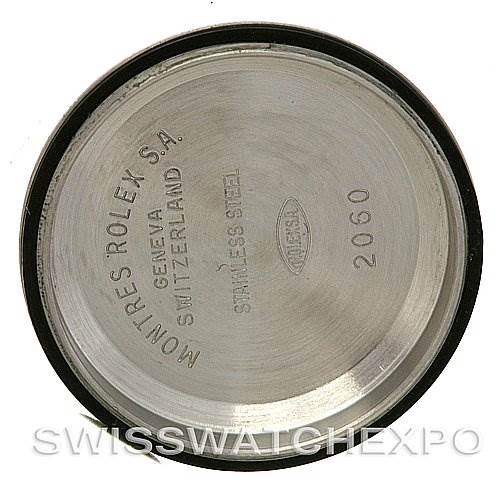 This image shows the inside case back of a Rolex Date 79160 Women's Stainless Steel Pink Dial 79160 Women's Stainless Steel Pink Dial model watch, displaying brand engravings and model information.