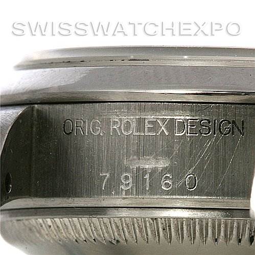 The image shows a close-up of the side of a Rolex Date 79160 Women's Stainless Steel Pink Dial 79160 Women's Stainless Steel Pink Dial model watch, highlighting the engraved serial number and design identification.