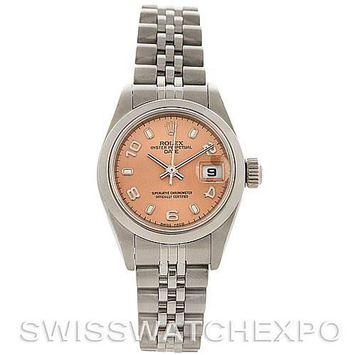 This image shows a Rolex Date 79160 Women's Stainless Steel Pink Dial 79160 Women's Stainless Steel Pink Dial model watch from the front, displaying its face, bezel, crown, and Jubilee bracelet.