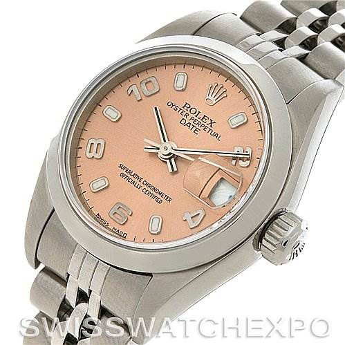 The image shows a Rolex Date 79160 Women's Stainless Steel Pink Dial 79160 Women's Stainless Steel Pink Dial model watch at an angle displaying the face, bezel, crown, and part of the bracelet.