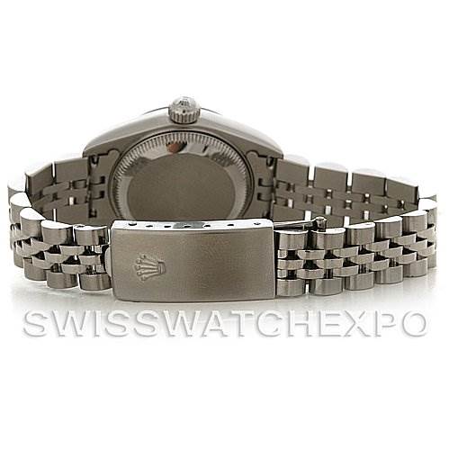 This image shows the back view of a Rolex Date 79160 Women's Stainless Steel Pink Dial 79160 Women's Stainless Steel Pink Dial model watch, highlighting its stainless steel bracelet and clasp.