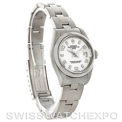 The Rolex Date 79160 Women's Stainless Steel White Dial 79160 Women's Stainless Steel White Dial model watch is shown at a three-quarter angle, displaying the face, bezel, crown, and bracelet.