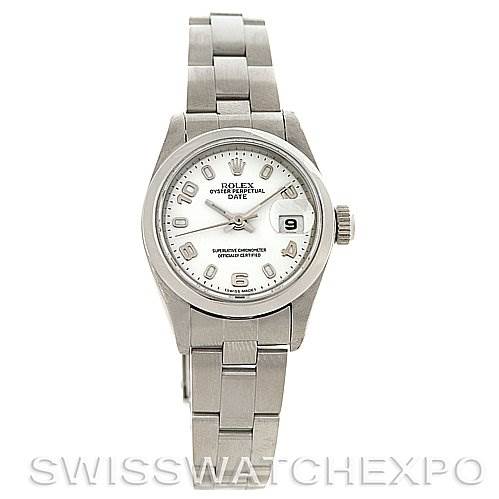 The image shows a front view of a Rolex Date 79160 Women's Stainless Steel White Dial 79160 Women's Stainless Steel White Dial model watch, displaying the watch face, bracelet, and brand details.