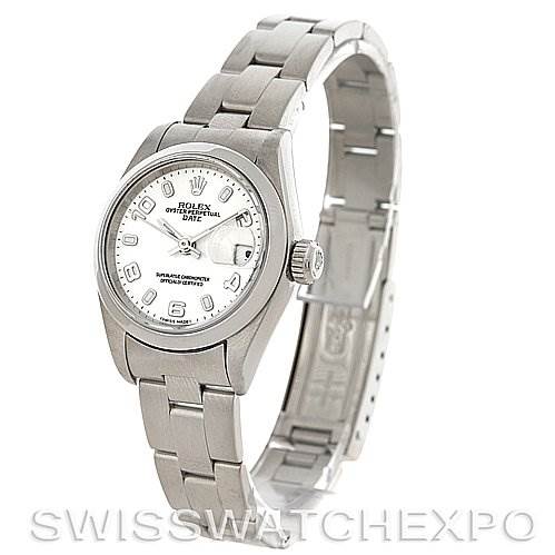 This image shows a Rolex Date 79160 Women's Stainless Steel White Dial 79160 Women's Stainless Steel White Dial model watch at an angle that displays its face, bracelet, and clasp.