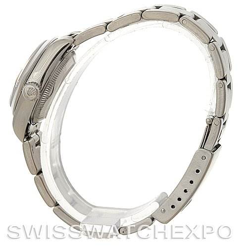 The image shows a side view of a Rolex Date 79160 Women's Stainless Steel White Dial 79160 Women's Stainless Steel White Dial model watch, featuring the bracelet, case, crown, and clasp.