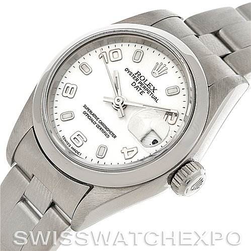 This image shows a Rolex Date 79160 Women's Stainless Steel White Dial 79160 Women's Stainless Steel White Dial model watch at an angled top-down view, highlighting the face, bezel, crown, and part of the bracelet.