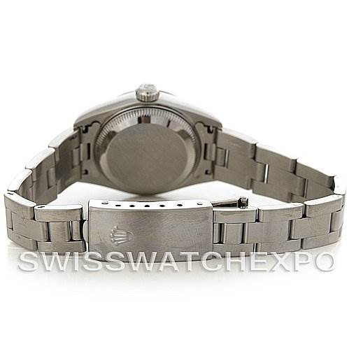 The image shows the back and clasp of a Rolex Date 79160 Women's Stainless Steel White Dial 79160 Women's Stainless Steel White Dial model watch, highlighting its stainless steel bracelet and case back.