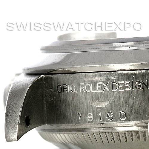 The image shows a close-up side view of a Rolex Date 79160 Women's Stainless Steel White Dial 79160 Women's Stainless Steel White Dial model, highlighting the reference number 79160 engraved on the case.