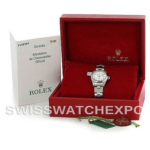 The image shows a Rolex Date 79160 Women's Stainless Steel White Dial 79160 Women's Stainless Steel White Dial model watch in its open red box, with accompanying booklet and tags placed beside it.