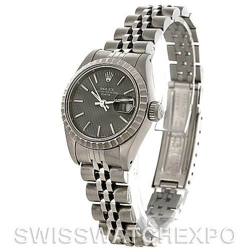 This image shows a Rolex Date 69240 Women's Stainless Steel Grey Dial 69240 Women's Stainless Steel Grey Dial watch model from a front angle, displaying the dial, bezel, and partially opened jubilee bracelet.
