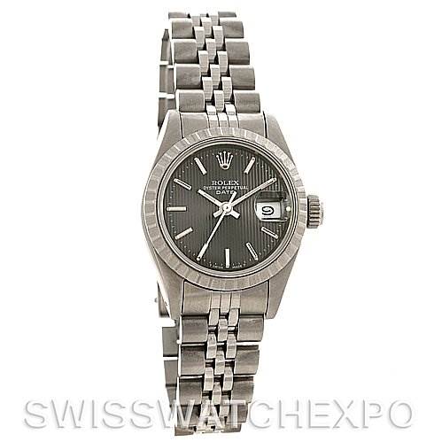 The image shows a front view of a Rolex Date 69240 Women's Stainless Steel Grey Dial 69240 Women's Stainless Steel Grey Dial model watch with a black dial and Jubilee bracelet.