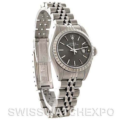 The Rolex Date 69240 Women's Stainless Steel Grey Dial 69240 Women's Stainless Steel Grey Dial model watch is shown at an angle displaying the full face, bezel, crown, and bracelet.