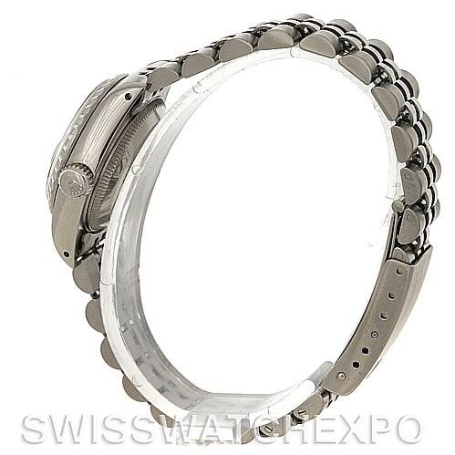 The image shows a side profile of a Rolex Date 69240 Women's Stainless Steel Grey Dial 69240 Women's Stainless Steel Grey Dial model watch, highlighting the crown and the bracelet.