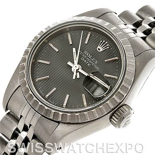 The image shows a close-up angled view of the Rolex Date 69240 Women's Stainless Steel Grey Dial 69240 Women's Stainless Steel Grey Dial model watch, highlighting its dial, bezel, crown, and bracelet.
