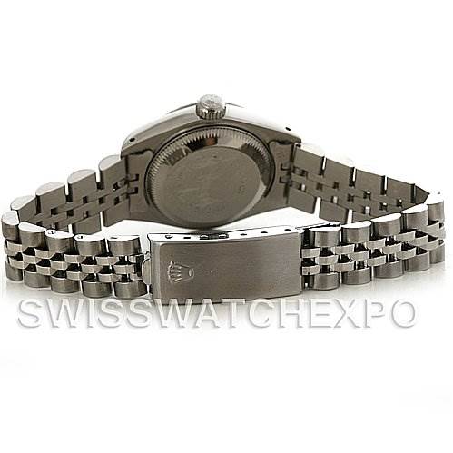 The image shows the back view of a Rolex Date 69240 Women's Stainless Steel Grey Dial 69240 Women's Stainless Steel Grey Dial model watch highlighting its case back and Jubilee bracelet with the clasp visible.