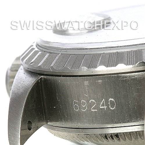 This image shows a close-up of the side and bezel of a Rolex Date 69240 Women's Stainless Steel Grey Dial 69240 Women's Stainless Steel Grey Dial model watch, highlighting the model number 69240.