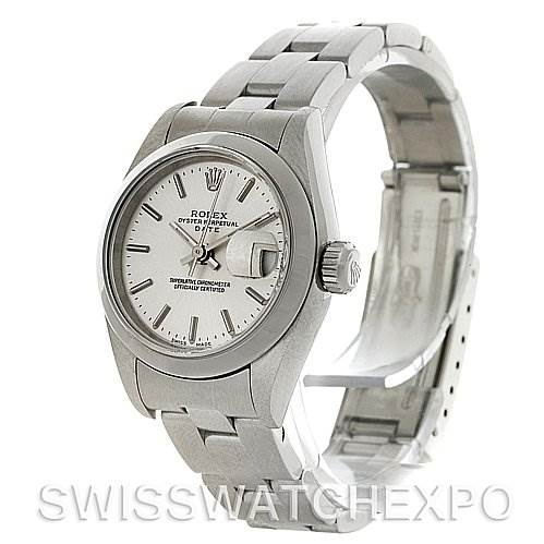 The watch, a Rolex Date 79160 Women's Stainless Steel Silver Dial 79160 Women's Stainless Steel Silver Dial model, is shown at an angle displaying the dial, crown, and part of the bracelet.