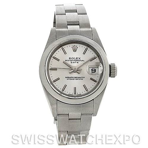 This image shows a frontal view of a Rolex Date 79160 Women's Stainless Steel Silver Dial 79160 Women's Stainless Steel Silver Dial model watch, highlighting its face, bezel, bracelet, and date display.