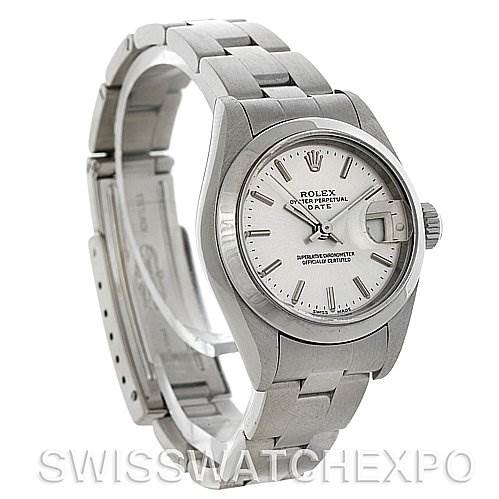 The image shows a Rolex Date 79160 Women's Stainless Steel Silver Dial 79160 Women's Stainless Steel Silver Dial model watch angled from the front-left, showcasing its dial, bezel, and bracelet.