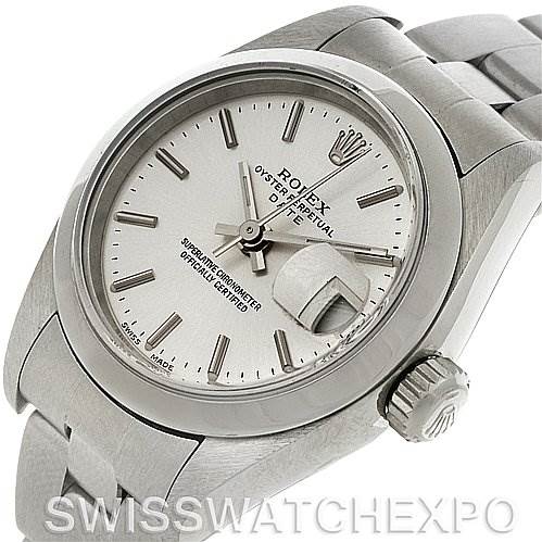 This image shows a Rolex Date 79160 Women's Stainless Steel Silver Dial 79160 Women's Stainless Steel Silver Dial model watch angled to display the dial, crown, and part of the bracelet.
