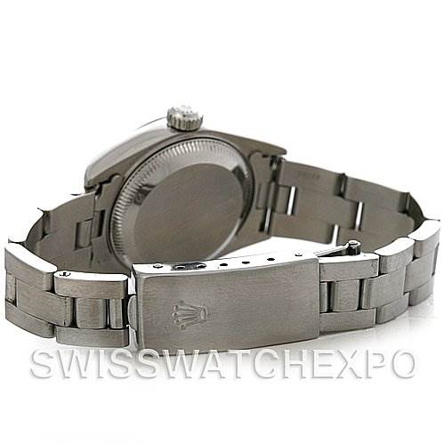 The image shows the back and clasp of a Rolex Date 79160 Women's Stainless Steel Silver Dial 79160 Women's Stainless Steel Silver Dial model watch at an angle.