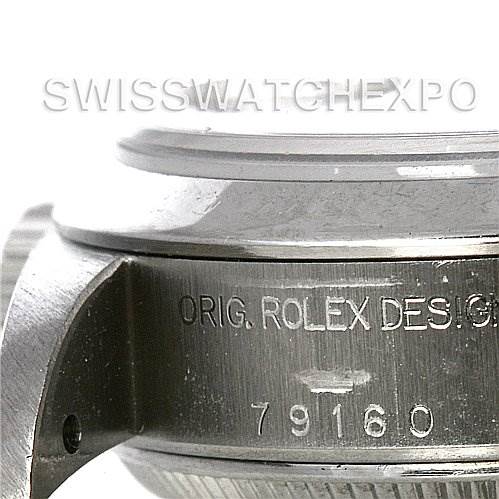 This photo shows a close-up of the case side of a Rolex Date 79160 Women's Stainless Steel Silver Dial 79160 Women's Stainless Steel Silver Dial model, focusing on the serial number and engraving.