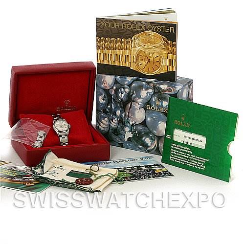 This image shows a Rolex Date 79160 Women's Stainless Steel Silver Dial 79160 Women's Stainless Steel Silver Dial model watch with its box, manuals, and accessories at a frontal angle.