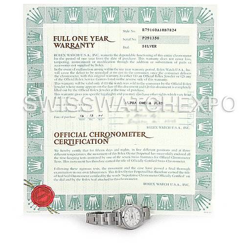 The image shows a Rolex Date 79160 Women's Stainless Steel Silver Dial 79160 Women's Stainless Steel Silver Dial model watch with its official chronometer certification and warranty document.