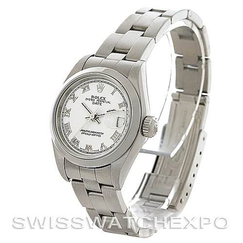 This image shows a Rolex Date 79160 Women
s Stainless Steel White Dial 79160 Women
s Stainless Steel White Dial model watch at a three-quarter angle, highlighting the dial, case, bracelet, and clasp.