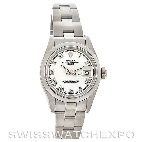 This image shows a front view of the Rolex Date 79160 Women
s Stainless Steel White Dial 79160 Women
s Stainless Steel White Dial model watch, displaying its face, bezel, and bracelet.