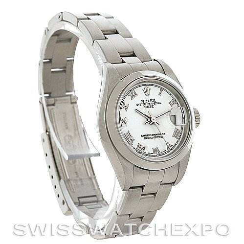 The image shows a Rolex Date 79160 Women
s Stainless Steel White Dial 79160 Women
s Stainless Steel White Dial model watch at a slight angle, revealing the face, bezel, bracelet, and clasp.