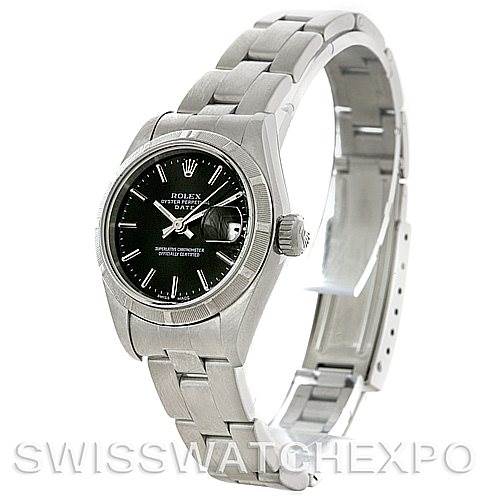 This image shows a Rolex Date 79190 Women's Stainless Steel Black Dial 79190 Women's Stainless Steel Black Dial model from an angled side view, highlighting the black dial, bezel, crown, case, and stainless steel bracelet.