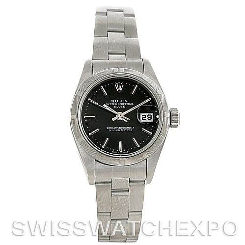 This image shows a frontal view of a Rolex Date 79190 Women's Stainless Steel Black Dial 79190 Women's Stainless Steel Black Dial model watch displaying the dial, case, and a portion of the bracelet.