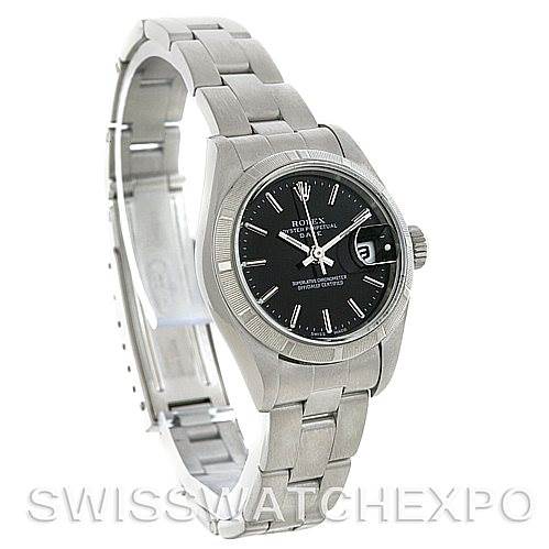 The image shows a Rolex Date 79190 Women's Stainless Steel Black Dial 79190 Women's Stainless Steel Black Dial model watch from a front-left angle, displaying the dial, bezel, and bracelet.