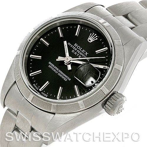 The image shows a Rolex Date 79190 Women's Stainless Steel Black Dial 79190 Women's Stainless Steel Black Dial model watch at a three-quarter angle highlighting the dial, bezel, crown, and bracelet.