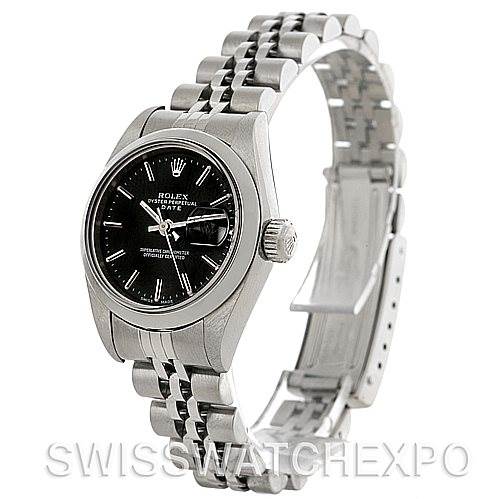 This image shows a Rolex Date 79160 Women's Stainless Steel Black Dial 79160 Women's Stainless Steel Black Dial model watch from a three-quarter angle, highlighting the dial, bezel, crown, and bracelet.