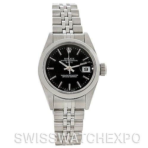 The image shows a frontal view of a Rolex Date 79160 Women's Stainless Steel Black Dial 79160 Women's Stainless Steel Black Dial model watch, highlighting its black dial, date window, and stainless steel bracelet.