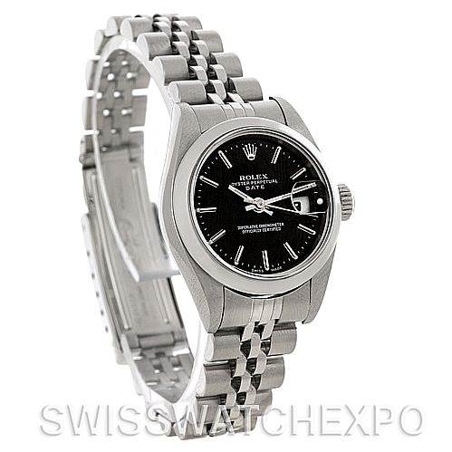 The image shows a Rolex Date 79160 Women's Stainless Steel Black Dial 79160 Women's Stainless Steel Black Dial model watch from a slight side angle, highlighting the face, bezel, and metal bracelet.