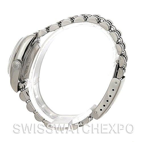 This image shows a side view of the Rolex Date 79160 Women's Stainless Steel Black Dial 79160 Women's Stainless Steel Black Dial model, focusing on the bracelet and case.