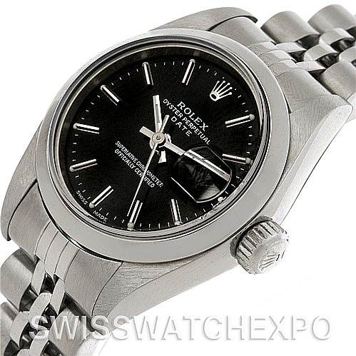 This image shows a close-up angle of a Rolex Date 79160 Women's Stainless Steel Black Dial 79160 Women's Stainless Steel Black Dial model watch, highlighting its black dial, silver bracelet, and crown.