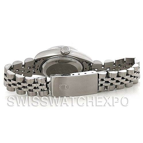 This image shows the back view of a Rolex Date 79160 Women's Stainless Steel Black Dial 79160 Women's Stainless Steel Black Dial model, highlighting the bracelet and clasp.