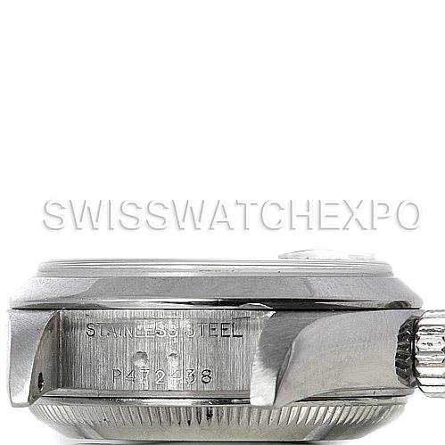 The image shows a side view of a Rolex Date 79160 Women's Stainless Steel Black Dial 79160 Women's Stainless Steel Black Dial model watch, highlighting the stainless steel case and crown.