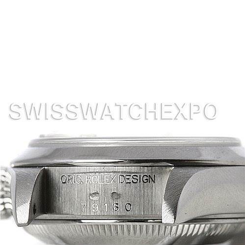 This image shows a side view of a Rolex Date 79160 Women's Stainless Steel Black Dial 79160 Women's Stainless Steel Black Dial model watch, highlighting the "ORIG. ROLEX DESIGN" engraving and model number.