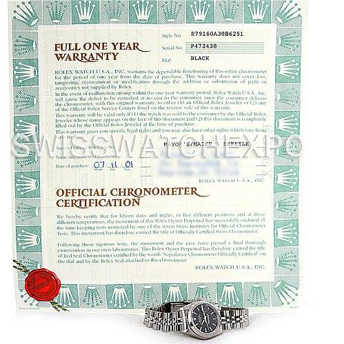 The image shows a Rolex Date 79160 Women's Stainless Steel Black Dial 79160 Women's Stainless Steel Black Dial model watch lying flat, alongside a full one-year warranty certificate and official chronometer certification.