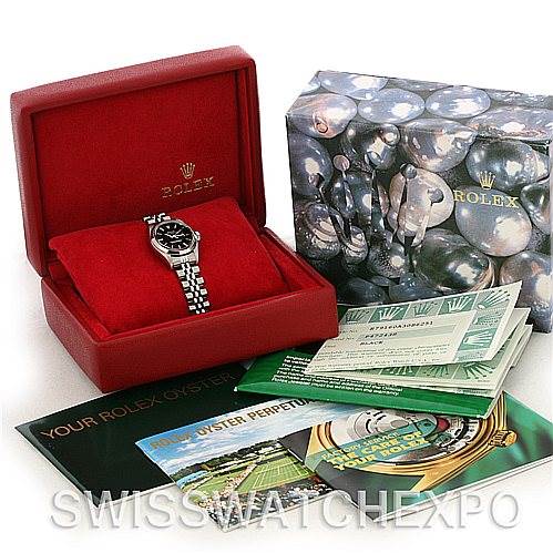 The image shows a Rolex Date 79160 Women's Stainless Steel Black Dial 79160 Women's Stainless Steel Black Dial model watch front view, with its box, documentation, and packaging.