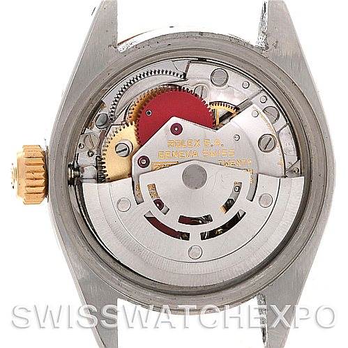 This image shows the back view of a Rolex Date 6917 Women's Stainless Steel Silver Dial 6917 Women's Stainless Steel Silver Dial model, revealing the internal movement and mechanisms.