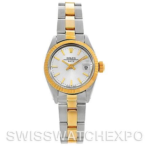 This is a front view of a Rolex Date 6917 Women's Stainless Steel Silver Dial 6917 Women's Stainless Steel Silver Dial model watch, showing the dial, bezel, crown, and part of the bracelet.