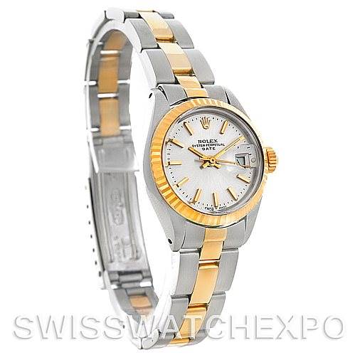 This image shows a side-angle view of a Rolex Date 6917 Women's Stainless Steel Silver Dial 6917 Women's Stainless Steel Silver Dial model watch, showcasing its face, bezel, and two-tone bracelet.