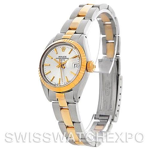 The image shows the Rolex Date 6917 Women's Stainless Steel Silver Dial 6917 Women's Stainless Steel Silver Dial model watch from an angled side view, highlighting the face, crown, and two-tone bracelet.