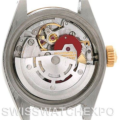 This image shows a close-up of the movement mechanism of a Rolex Date 6917 Women's Stainless Steel Silver Dial 6917 Women's Stainless Steel Silver Dial model watch.